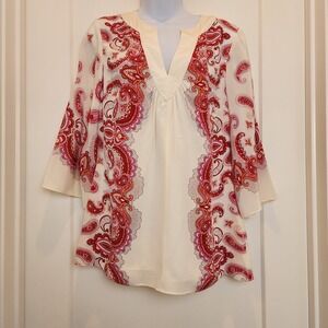 Y2K Silk Bohemian Paisley Bell Sleeve Top 8 Fairy Festival‎ Whimsigoth Red Cream